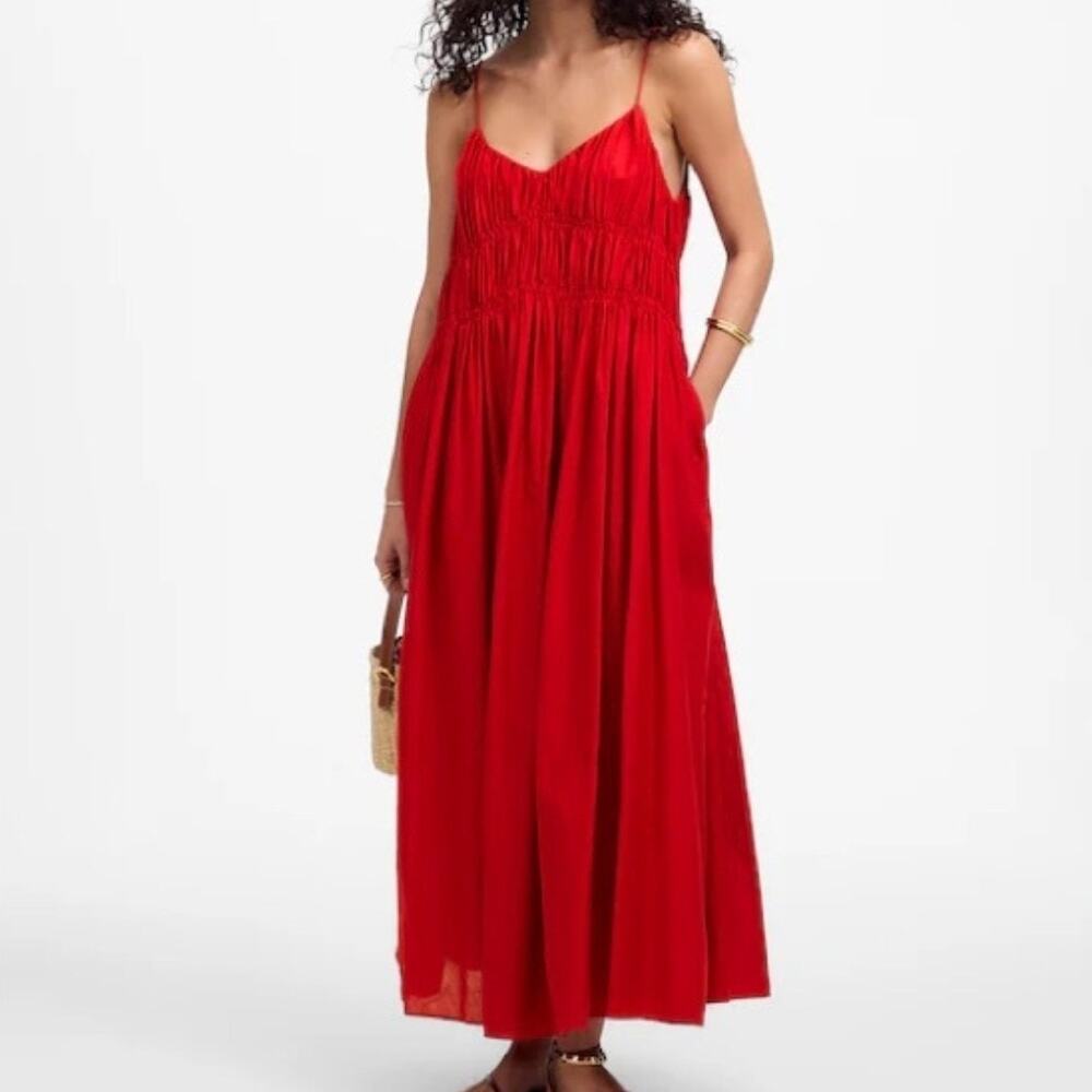 Madewell red maxi sleeveless cotton linen oversized smocked dress womens XS